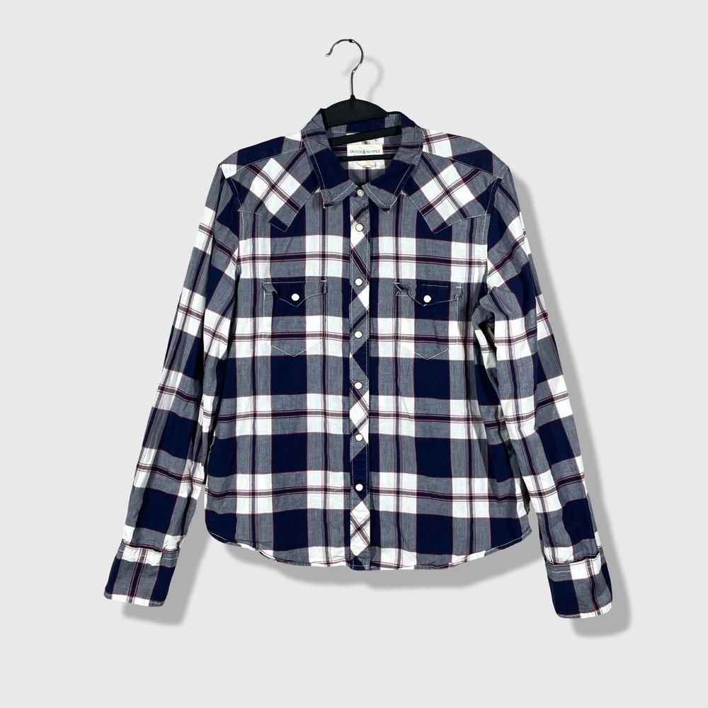 Denim & Supply Ralph Lauren Western Shirt Womens XL Blue Plaid Cowgirl Grunge
